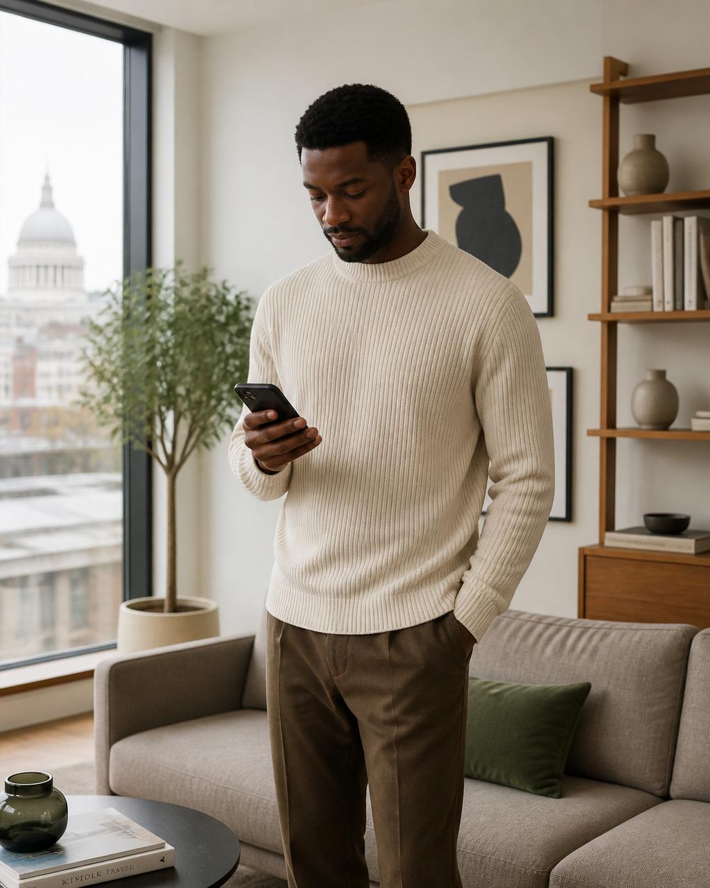 A young Black professional standing in his London flat, making an appointment on his phone