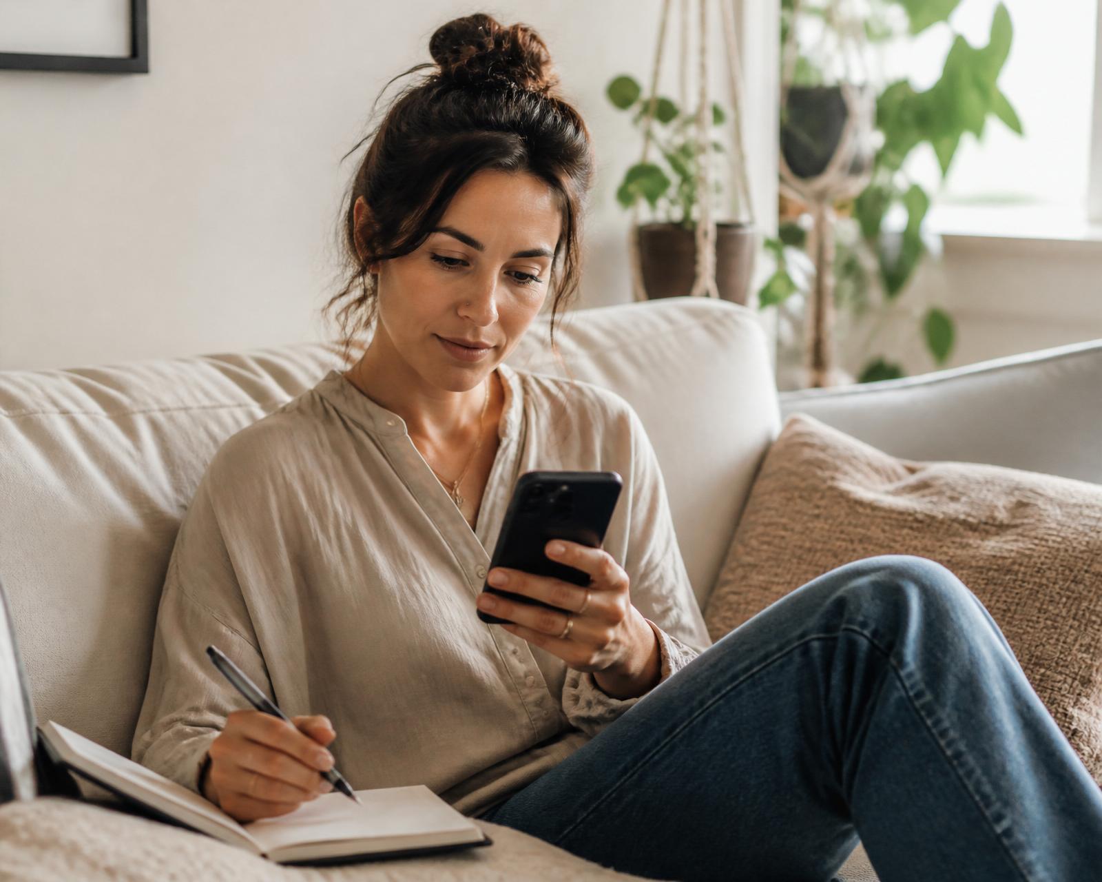 A patient at home on her sofa, updating her notes on her phone