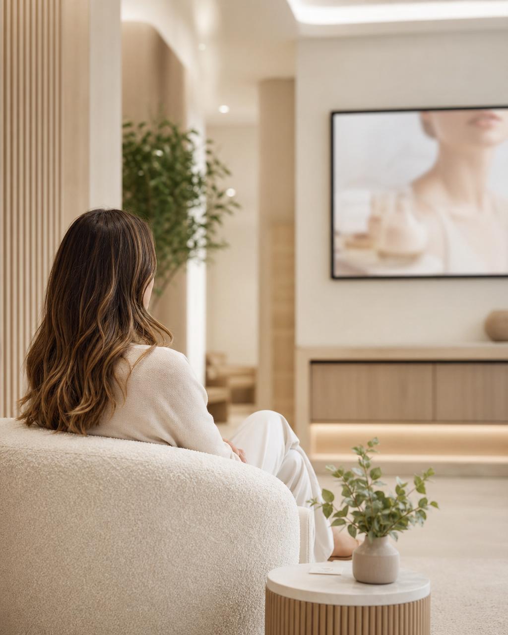 A patient waiting calmly in a bright, minimal clinic reception area